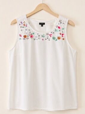 White Crispy Cotton  Sleeveless Top with Multicolor Sequin Floral Yoke 16W